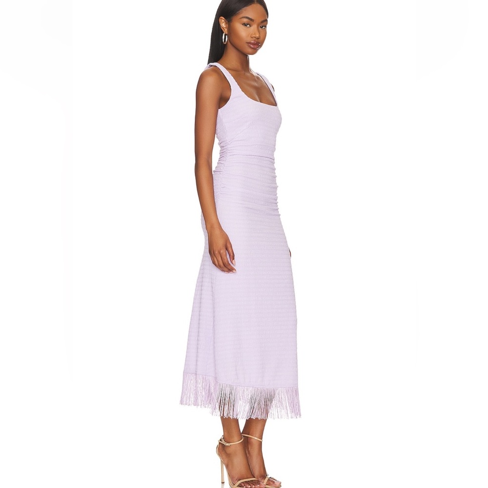 Likely Nino Dress Fringe Lilac purple violet lavender midi tea length revolve